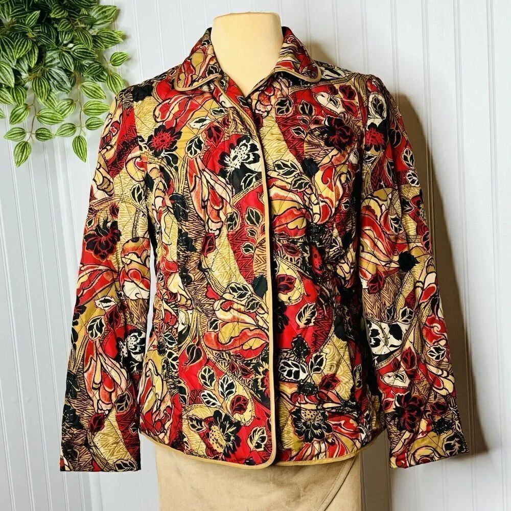 Requirements Women’s Sz S Quilted Jacket Full Zipper Front Brown Red Floral 0849